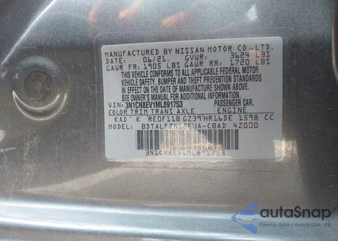 2021 Nissan Versa Sv Xtronic Cvt из США, поврежденный, VIN 3N1CN8EV1ML891753